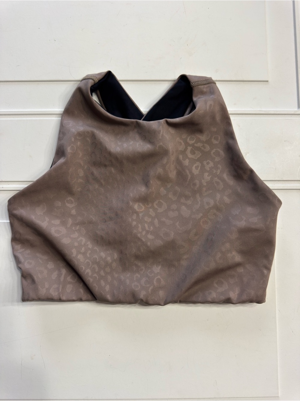 Emily Hsu Designs Women’s Sz S Brown Tan Animal Print Cross Strap Sports Bra